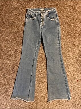 Good American Light Blue High-Rise Flare Jeans Raw Hem